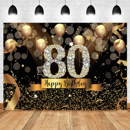 Sensfun Happy 80th Birthday Backdrop for Men Women Glitter Black and Gold Balloons Photography Background for 80th Birthday Party Decorations Shining Diamond 80 Years Old Photo Booth Banner 7x5ft