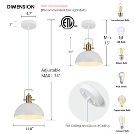 Haolaike 12 Inch Pendant Lights for Kitchen Island Matte White Farmhouse Pendant Light fixtures Adjustable Height Dome Hanging Light for Dinning Room Bedroom Hallway,2 Packs