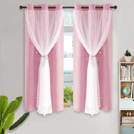 Kinryb Decorative Star Hollowed Out Kids Blackout Curtains with White Sheer Thermal Insulated Overlay Curtains for Bedroom Double-Layer Grommet Window Drapes 2 Piece with Tiebacks Pink 42W x 63L