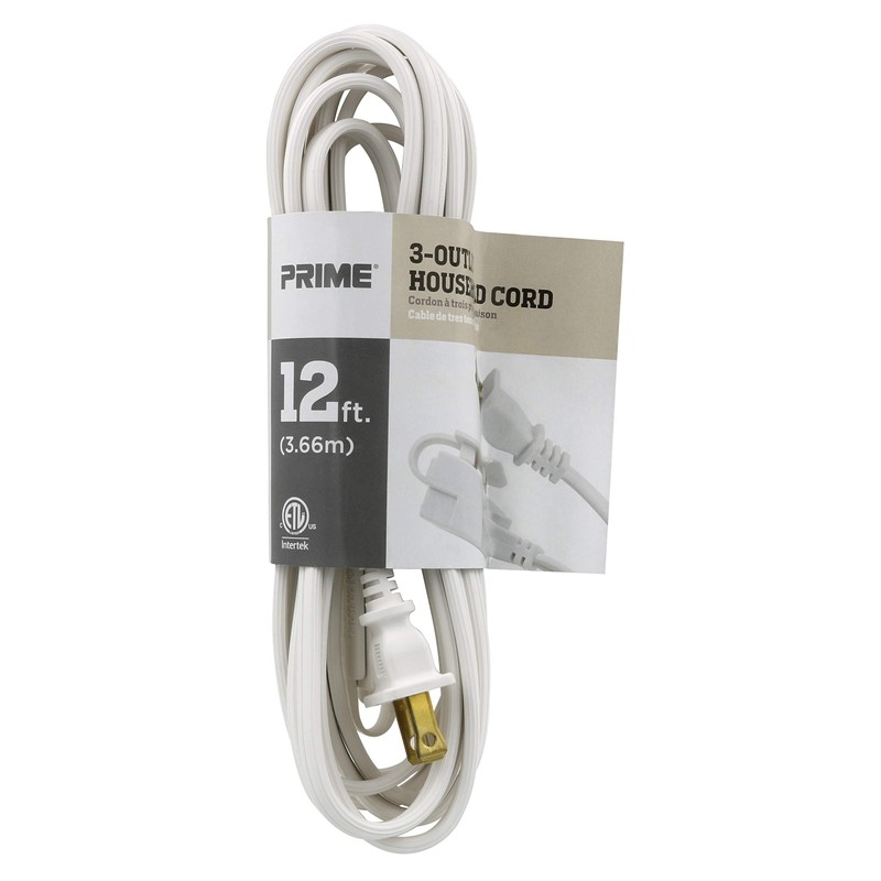 Prime EC660612 12-Foot 16/2 SPT-2 3-Outlet Indoor Cord, White