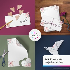 Set of 10 Writing Paper with Envelopes, Pink Flowers Sparrow, Paper and Envelope with Printed Design Motif, 90 g/m²