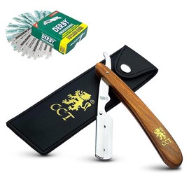 Cut Throat Razor Kit with Travel Pouch - Black and Gold Stainless Steel Professional Barber Razor Men - Single Blade Straight Edge Razor - Moustache Shaver & Beard Shaper Comfort Wooden - Color: Wooden