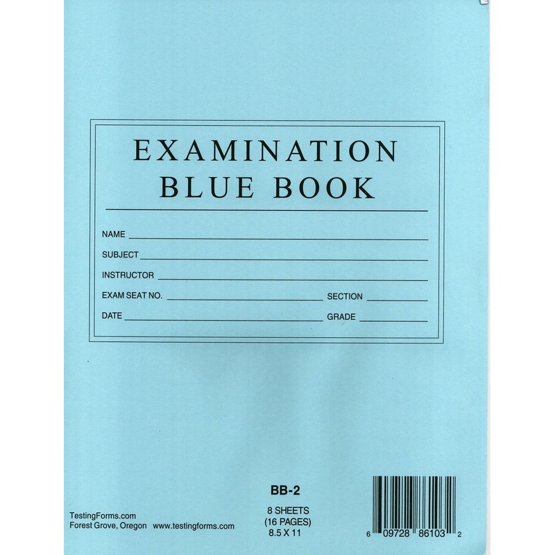 TestingForms.com 8.5" x 11" Examination Blue Book 8 Sheets 16