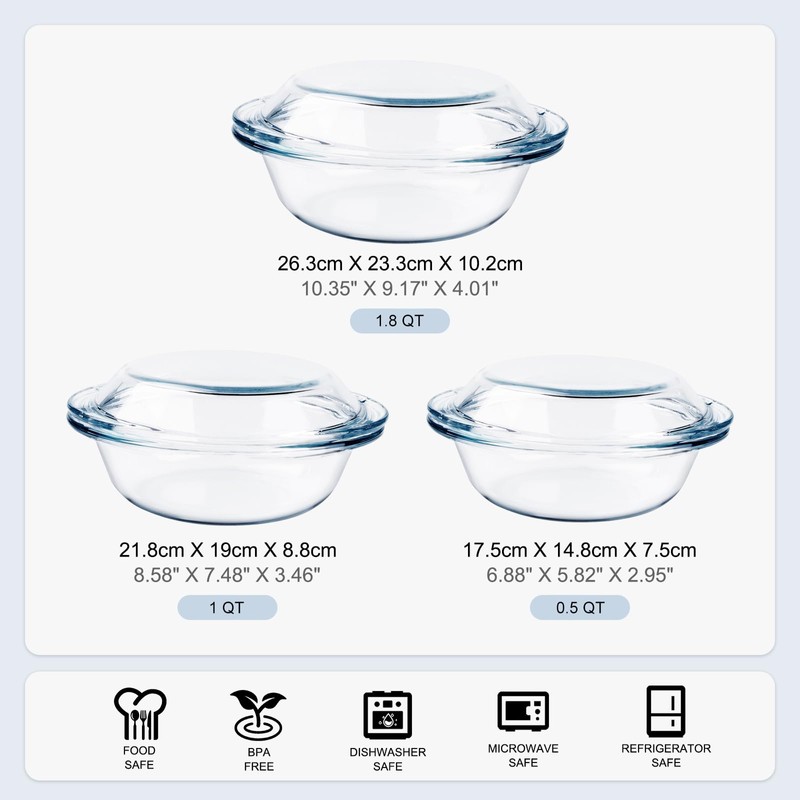 Set of 6 Round Glass Casserole Dishes, Nesting Glass Baking