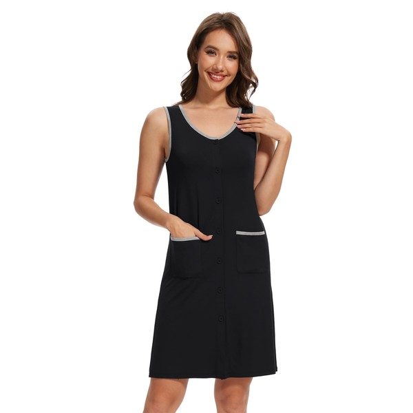 BambooBud Womens Tank Nightgown Sleeveless Nightshirt Soft Button Up Sleepwear