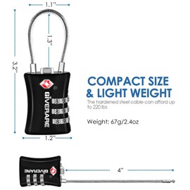 2 Pack TSA Approved Luggage Locks, Cable Suitcase Travel Lock Alloy, Set Your Own Combination Metal Zipper Padlock, 3-Digit Long Shackle Padlocks for Gym Locker, Golf Bag, Case Anti Theft-Black