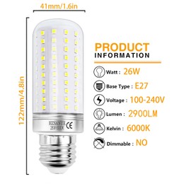 HZSANUE LED Corn Bulbs 26W, E27 Edison Screw Bulbs,2900Lm, 6000K Daylight White,200W Incandescent Bulbs Equivalent,Pack of 3
