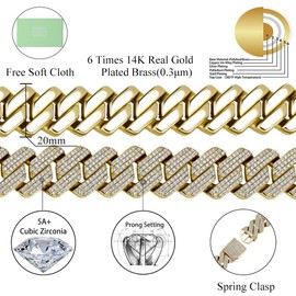 TOPGRILLZ Cuban Bracelet Men Gold Diamond Cuban Bracelet for Women 3Row 20mm Miami Gold Jewelry 14K Gold Plated Iced outStraight Edge Rapper Costume£¨Gold, 8IN