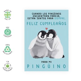 CENTRAL 23 Tarjeta de cumpleaños en español – “Para mi pingüino” – Romántica para novio, novia, esposo, esposa, pareja, prometido/a– Incluye pegatinas