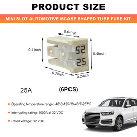 FSTURIOS 6PCS Mini Slotted Automotive Cartridge Fuse Kit, 25A 32V Micro Cartridge Fuse Assortment, Mini Type Low-Profile Slotted Fuse Replacement for Car Truck SUV