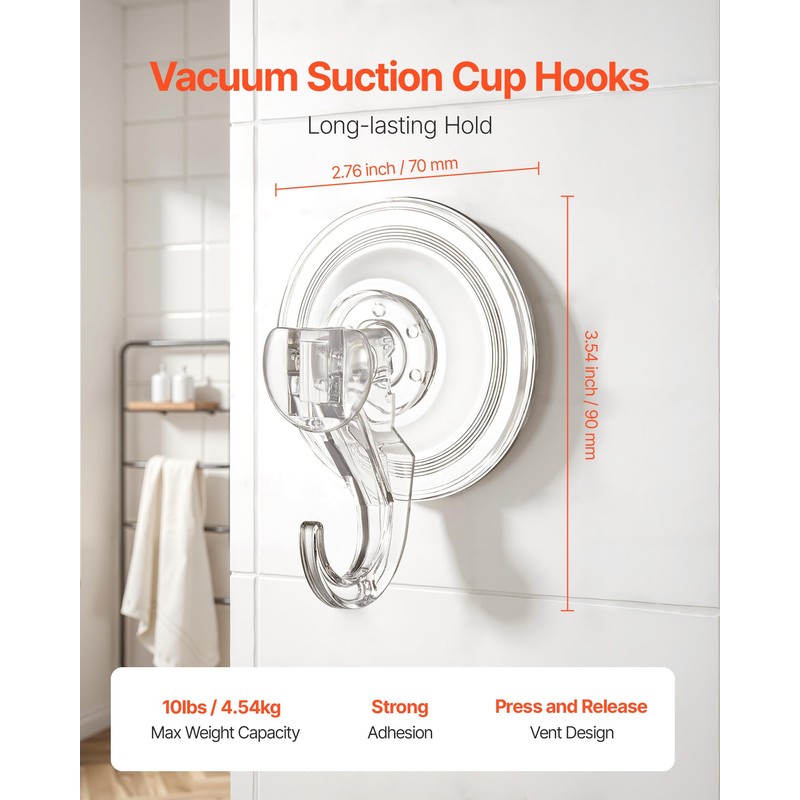 VEVOR Suction Cup Hooks 6 Pack, 2.76 x 3.54 x