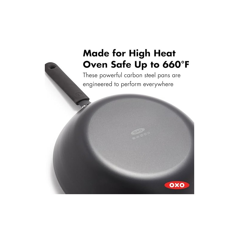 OXO Obsidian Pre-Seasoned Carbon Steel, 12" Wok Pan with Removable