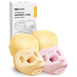Korean-Made MOYUUM Silicone Macaron Pacifier 2 Pack with Travel Case, BPA Free One-Piece Orthodontic Baby Soother (Newborn 0–3 Months, Mango + Pink)