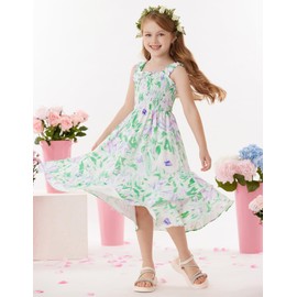 GRACE KARIN Girl Floral Maxi Dress Wide Elastic Straps Smocked Midi Spring Summer Party Dress Size 7-8,Green Floral