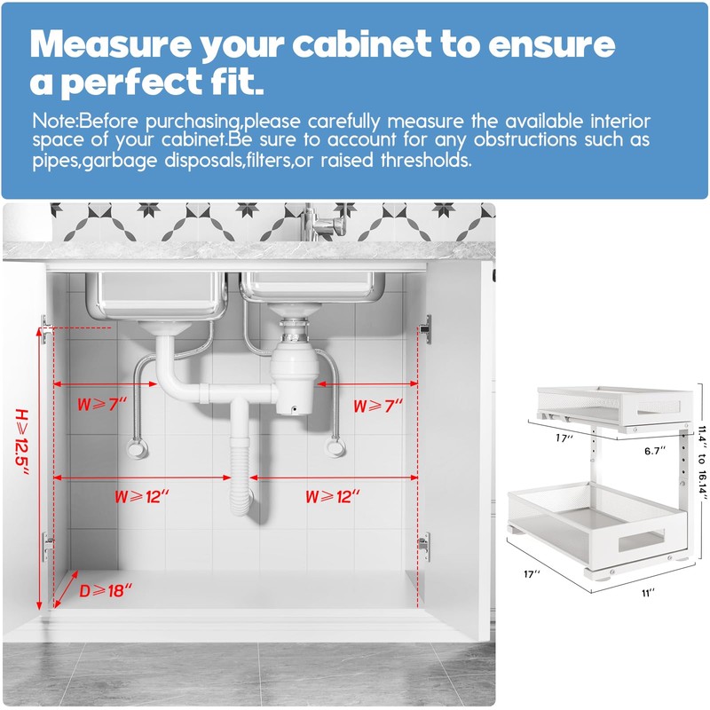 Biboraya 1 Pack 17IN Depth Under Sink Storage Organizer, Large