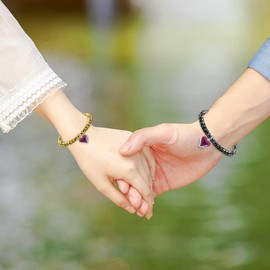 Uloveido A Pair of Gear-shape Hematite Bracelets with Color Changing Thermo Sensitive Mood Heart Charms, Couples Love Heart Bangles Gifts, Hematite, hematite