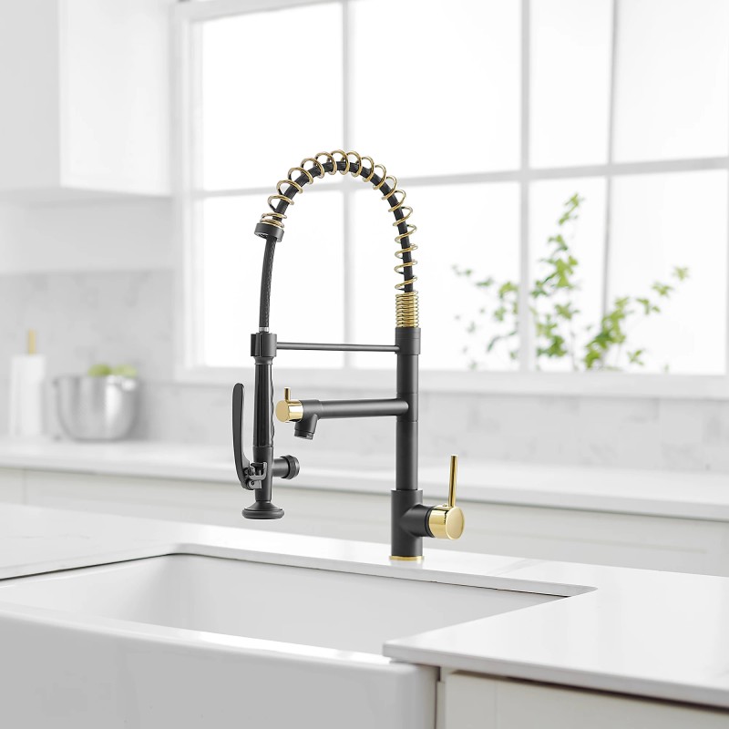 Modern Single-Hole Matte Black with Gold Pull Down Kitchen Faucet