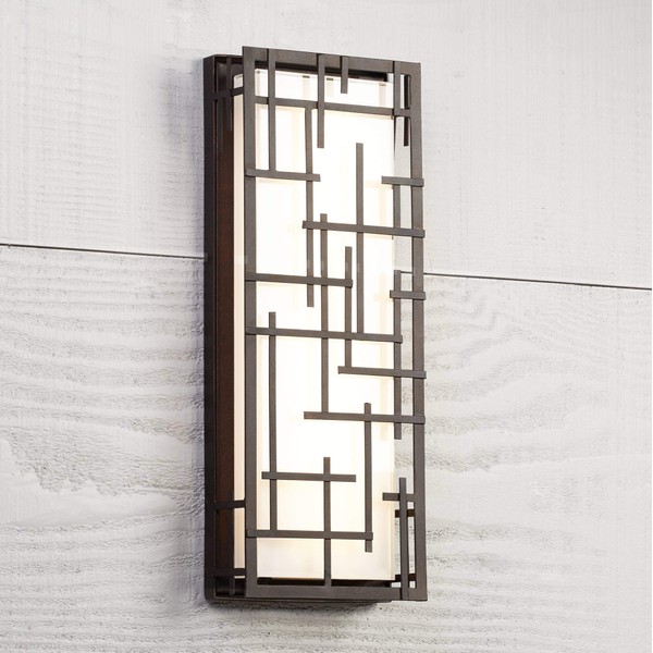 Possini Euro Design Modern Lines Outdoor Wall Light Fixture Bronze LED 16 1/4" High White Cased Glass for Exterior Barn Deck House Porch Yard Patio Outside Garage Front Door Garden Home Roof Lawn