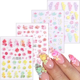 Furtherpretty Colorful Flower Nail Stickers, 5D Embossed Nail Stickers Rose Cherry Blossom Hibiscus Floral Cute Nail Decals Self-Adhesive Manicure Supplies Nail Art Decoration Accessories 4 Sheets