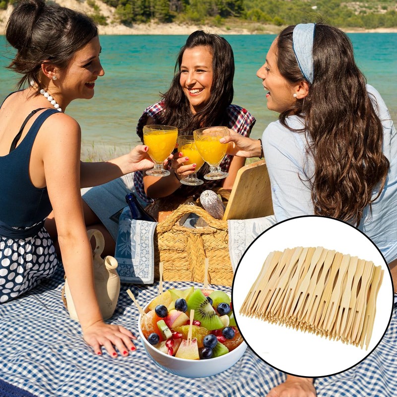 NILLOS Bamboo Forks, 100 Pcs Food Dessert Two Prongs Mini