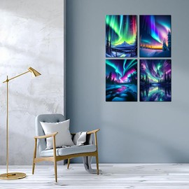 Muzagroo Art 5D Diamond Painting Kits for Adults, Aurora Diamond Art Kits for Beginners, DIY Landscape Diamond Dot Kits Gem Arts and Crafts for Living Room, Gem Painting Living Room 4 PCS Wall Art