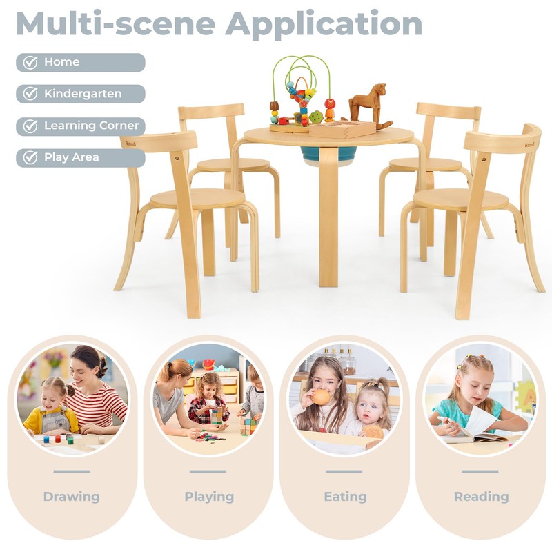 Bateso Bentwood Round Table and 4 Curved Back Chair Set,