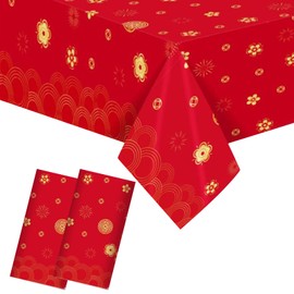 SINGOMON 2 Packs Chinese Red Tablecloth Red Table Cloths Rectangular Tablecloths Plastic Table Cloth Red Picnic Table Covers Chinese Table Protector for Chinese Party Decorations