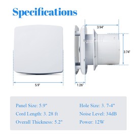 WiseWater Bathroom Exhaust Fan, 110V ac 56CFM 34 dB 4” Duct 6" Panel Extractor Fan, Ceiling&Wall Mounted Ventilation Fan for Bathroom, Laundry Room, Bedroom, Office