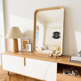 osemy 24"x 16" Wood Wall Mirror, Rounded Corner Wood Frame Natural Wood Vanity Mirror for Wall, Decorative Wooden Bathroom Bedroom Livingroom Entryway