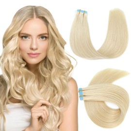 Evala Tape-In Extensions, Real Hair, 50 cm, #60 Platinum Blonde, Real Hair, Pack of 20, Real Hair Bonding Extensions, 50 g, Tape-In Extensions, Real Hair