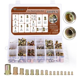 Rivet Nut Assortment Kit, 400PCS SAE & Metric Rivet Nuts M3 M4 M5 M6 M8 M10 M12#6-32#8-32#10-24#10-32 1/4"-20 5/16"-18 3/8"-16 1/2"-13, Zinc Plated Carbon Steel Flat Head Threaded Insert rivnuts
