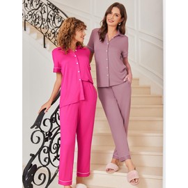 Ekouaer Women Pajamas Set Button Down Short Sleeve Pjs Set Soft Lounge Set with Long Pants,Mauve-pink M