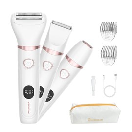 MAXGROOM Electric Razors for Women - 3 in 1 Waterproof Bikini Trimmer for Women, Cordless Electric Shaver for Private Area with LED Display, USB Rechargeable & Travel Pouch, White