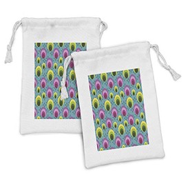 Ambesonne Colorful Fabric Pouch Set of 2, Abstract Illustration Along Concentric Oval Shapes on Geometric Blue Background, Small Drawstring Bag for Toiletries Masks and Favors, 9" x 6", Multicolor