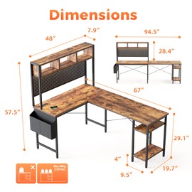 Mericonia Modern L-Shaped Computer Desk with Pegboard & Hutch, 66" Corner Home Office Desk, Large Gaming Desk with RGB Lights & Power Outlets, Workstation for Gaming & Work, Dark Brown