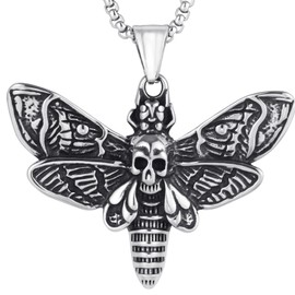 LuxGoth Stainless Steel Death Skull Moth Pendant Necklace Gothic Punk Rock Emo Biker Cosplay Vintage Butterfly Skull Charm Necklace Jewelry for Men Women Silver GTS-N1D60021