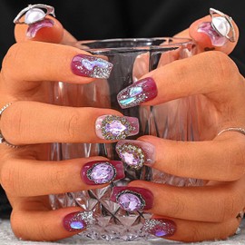 Sethexy Purple Rhinestone Handmade Artificial Nail 3D Crystal Medium Coffin False Nails Aurora Sparkle Press on Nails Salon Quality Matallic for Women and Girls (E)