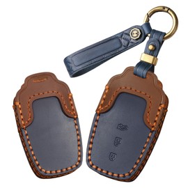 ontto Car key fob cover Compatible with Toyota Camry CHR Corolla RAV4 Avalon Land Cruiser Prado Prius leather key holder handmade contrast color Shell case keyring keychain Accessories 3 buttons Blue