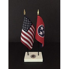 1 American and 1 Tennessee Executive Flag Set American Made Rayon 4x6 inch Desk Set Includes a 2-Hole White ArcticSno Base with a USA Great Seal and Two Flags