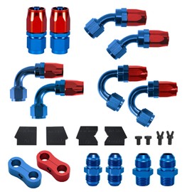 BRIFITOR 6AN Hose End Fitting Kit 0/45/90/150 Degree AN Fittings & 37° Flare Anti-Leak Fittings Adapter,Hose Separator Clamps & AN Wrench Protectors, All-in-One Kit for CPE Fuel Line, Blue & Red