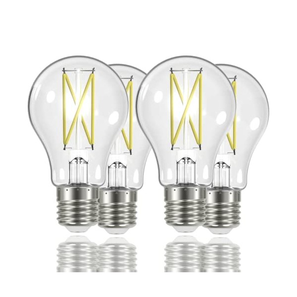 Satco Lightbulbs S12415; LED Filament Lamps; 8 Watt LED A19; Clear; Medium Base; 3000K; 90 CRI; 120 Volt for use at Residential, Hospitality, Retail, Education Institutions, Contractors (4 Pack)