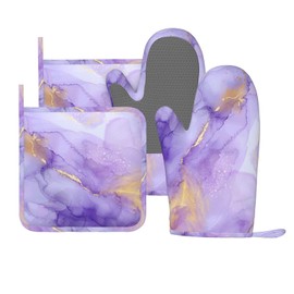 Oven Mitts and Pot Holders Pastel Purple Marble Silicone Kitchen Accessories Set of 4 Heat Resistant Long Gloves Potholder Non-Slip Grip for Chef Cooking Baking Grilling BBQ