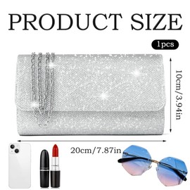 YEWCEP Clutch Silver Glitter, Elegant Evening Bag Silver for Women, Handbag with Chain, 20 x 10 x 5 cm, Perfect for Party, Wedding, Date, silver