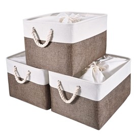 HOdo Home Fabric Storage Bin with Drawstring Closure and 2 Bold Handles, Collapsible Large Canvas Storage Baskets for Organizing Shelf Nursery Home Closet (Brown, 15.8L×11.8W×9.5H - 3Pack)