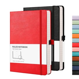 RETTACY Notebook A5 Lined Hardback 2 Pack - Thick Journal with 376 Numbered Paper, 2 Free Sticky Notes Divider,100gsm Paper,8 Perforated Sheets, Pen Loop, Inner Pocket, 14.5 x 21cm（Black Red)