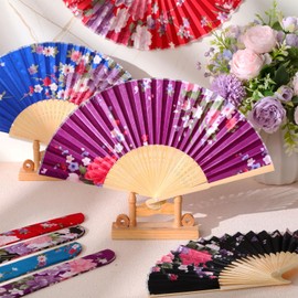 Zonon 4 Pack Handheld Floral Folding Fans Hand Held Silk Bamboo Fans with Tassel Women Hollowed Hand Foldable Fan with Fabric Sleeve for Dancing Wedding Decoration Gifts(Japanese Flowers)