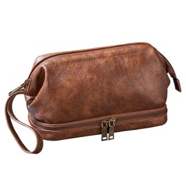 PAHVRION Toiletry Bag for Women Men,PU Leather Vintage Travel Pouch,Toiletry Travel Dopp Kit,Large Shaving Cosmetic Bag,Fully Lined with Cotton Fabric Brown