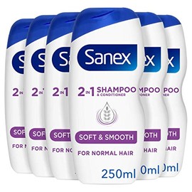 Sanex Nourishing & Gentle 2-in-1 Shampoo and Conditioner 250 ml Pack of 6, Dermatologically Tested, Natural Extracts to Nourish & Soften Hair (6 x 250 ml)