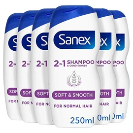 Sanex Nourishing & Gentle 2-in-1 Shampoo and Conditioner 250 ml Pack of 6, Dermatologically Tested, Natural Extracts to Nourish & Soften Hair (6 x 250 ml)