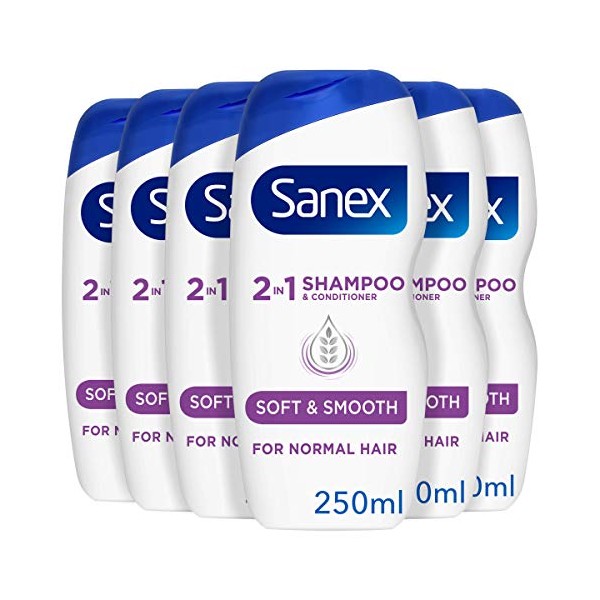 Sanex Nourishing & Gentle 2-in-1 Shampoo and Conditioner 250 ml Pack of 6, Dermatologically Tested, Natural Extracts to Nourish & Soften Hair (6 x 250 ml)